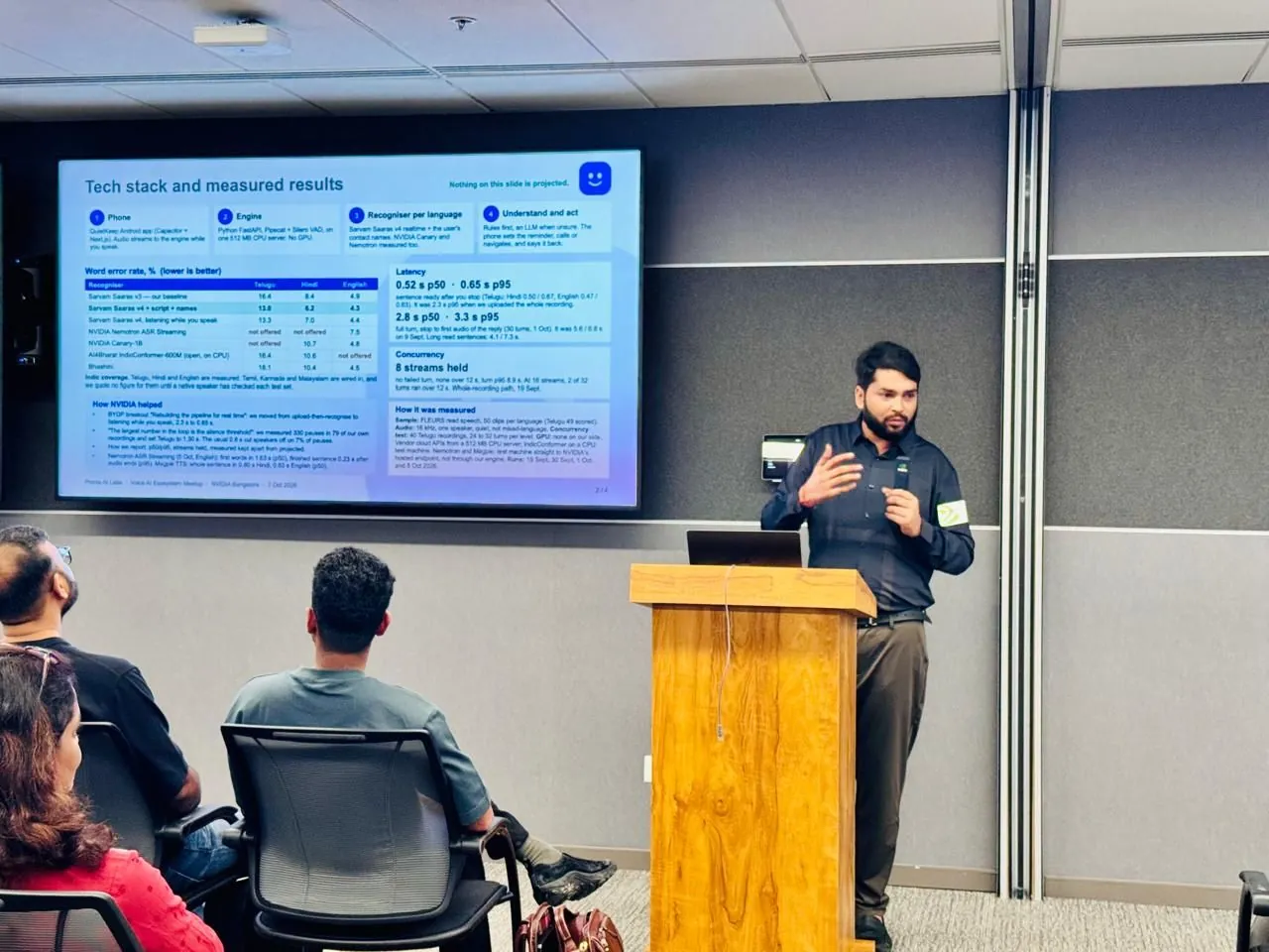 Pranix founder presenting “Tech stack and measured results” at NVIDIA Bengaluru